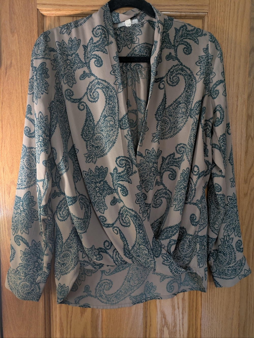 Pleione Paisley Surplice Blouse – Size S – Draped Front, Long Sleeve